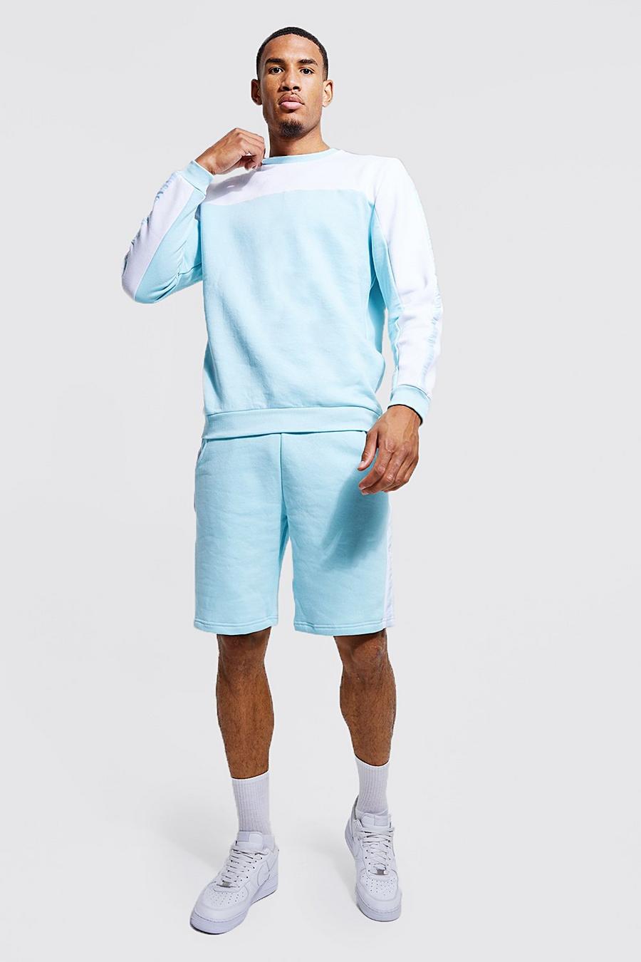 Bright blue Tall - MAN Träningsoverall med shorts, blockfärger och kantband image number 1