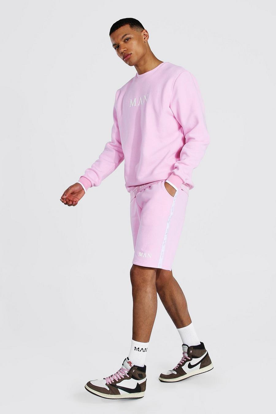 Pastel pink Tall - MAN Roman Träningsoverall med shorts och kantband image number 1