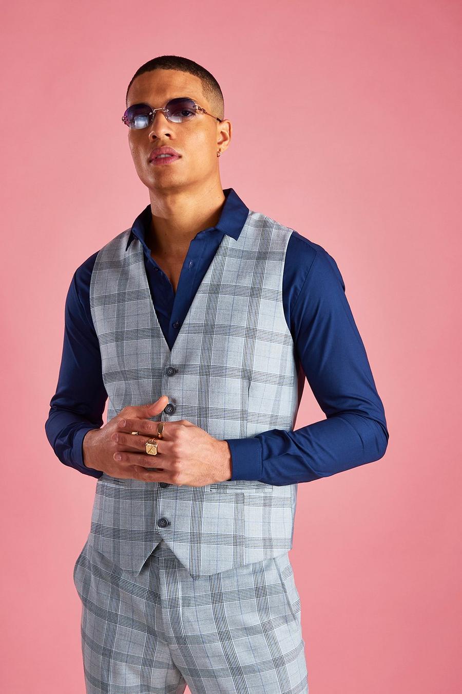 Light grey Skinny Prince Of Wales Check Waistcoat image number 1