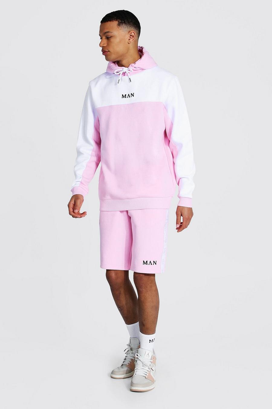 Pastel pink Tall - MAN Träningsoverall med shorts, blockfärger och kantband image number 1
