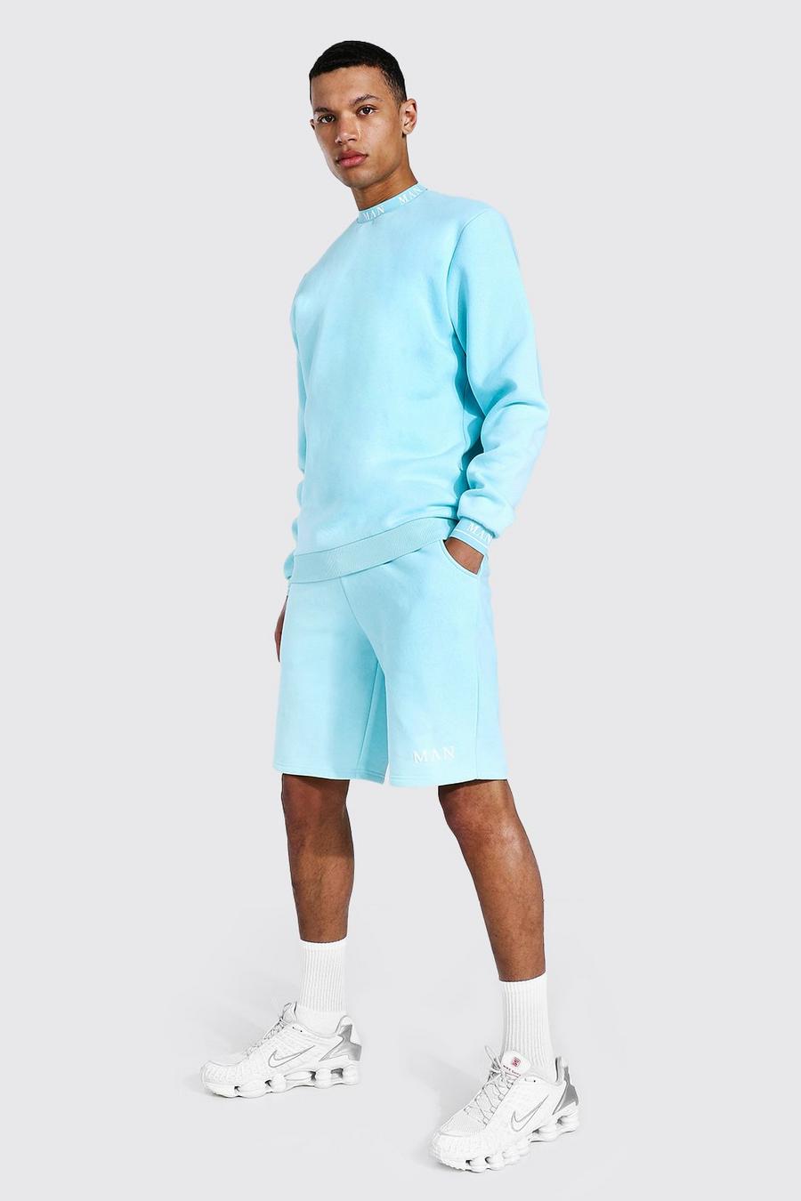 Pastel blue Tall Geribbeld Man Trainingspak Met Trui En Shorts  image number 1