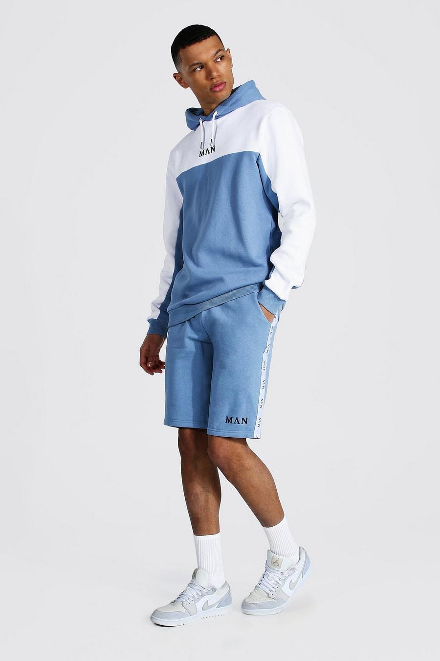 Dusty blue Tall - MAN Träningsoverall med shorts, blockfärger och kantband image number 1