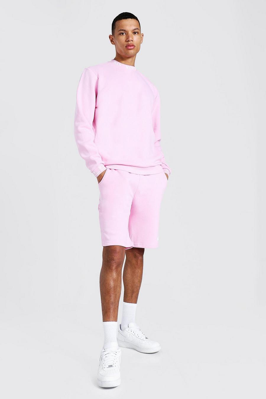 Pastel pink Tall Geribbeld Man Trainingspak Met Trui En Shorts  image number 1