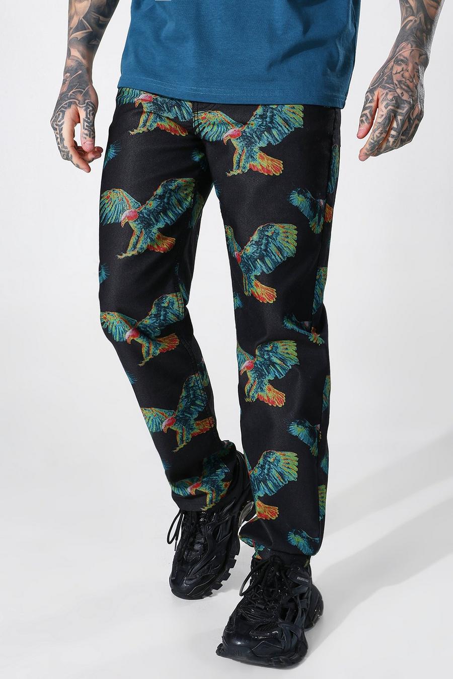 Black Relaxed Fit Rigid Bird Print Jeans image number 1