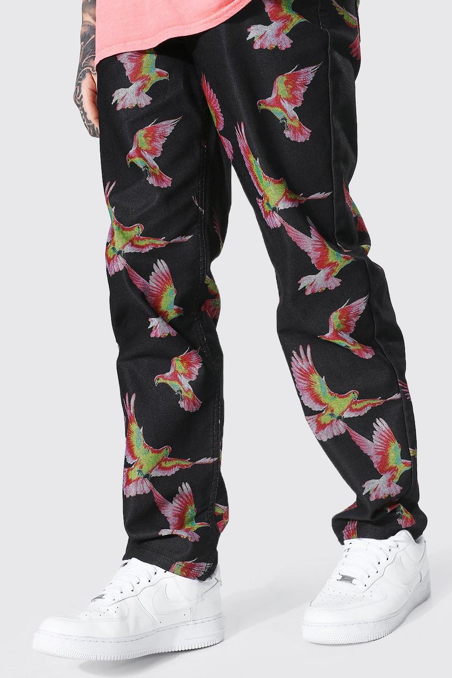 Black Relaxed Fit Bird Print Jean image number 1