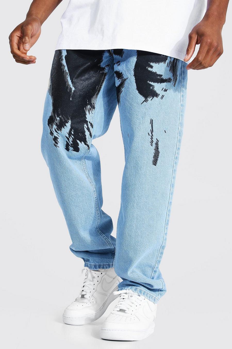 כחול קרח ג'ינס בגזרה משוחררת בהדפס מלאך image number 1