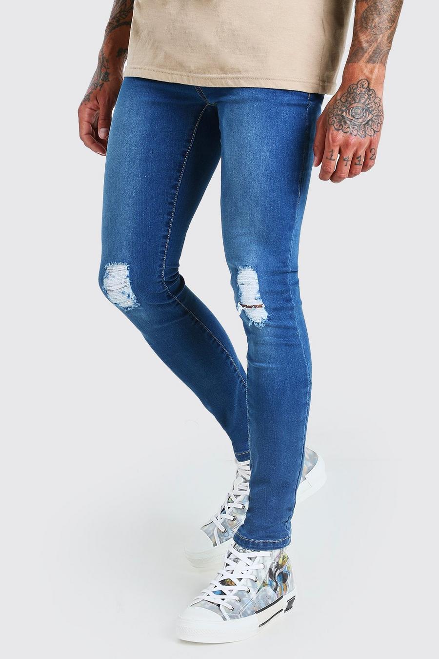 Mid blue Super Skinny Jeans With Rips image number 1