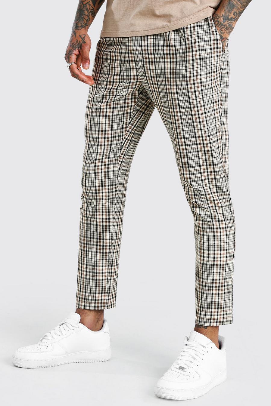 Brown Slim Fit Checked Cropped Pants With Pleat image number 1