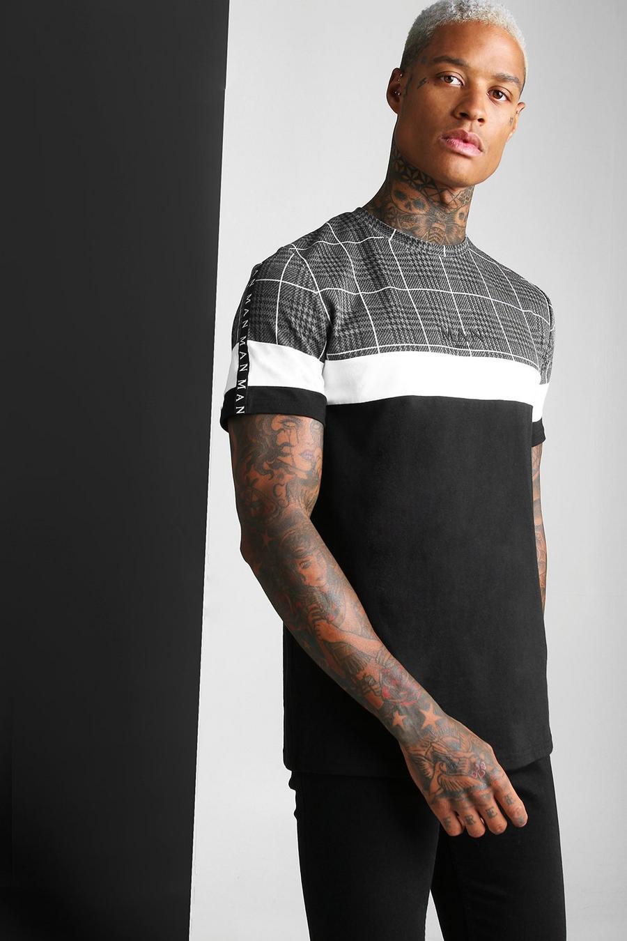 Black MAN Roman T-shirt med rutig panel image number 1