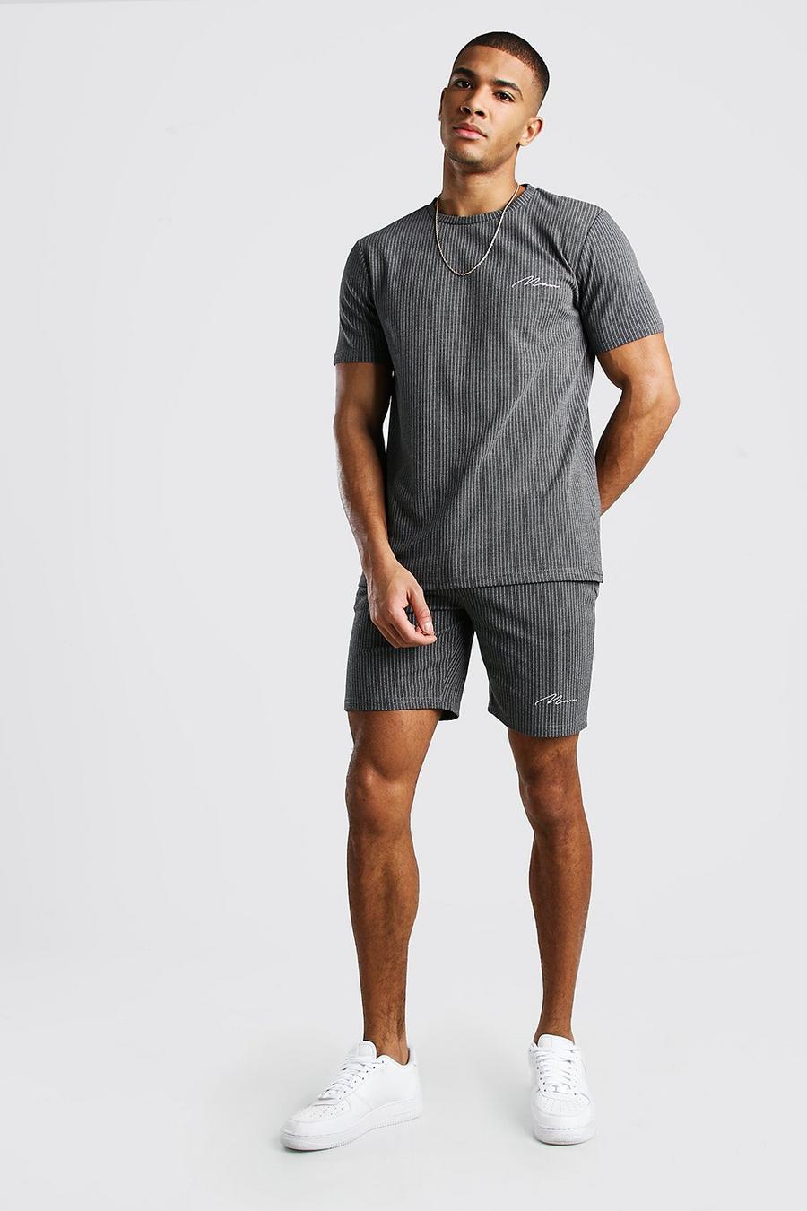 Dark grey Man Signature T-shirt och shorts i jacquardväv image number 1