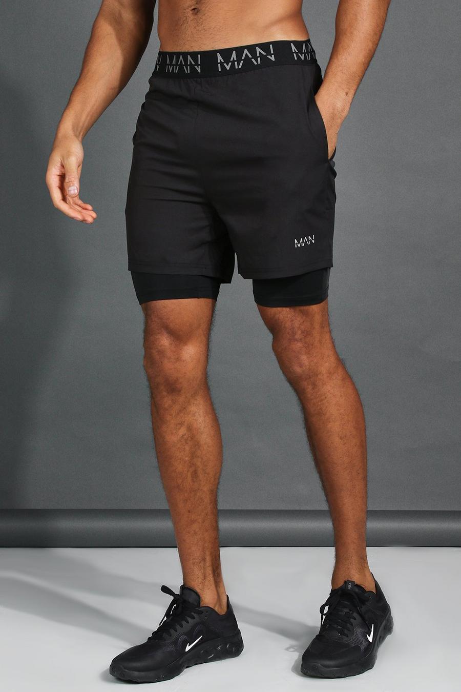 Zwart Active Man Middellange 2-In-1 Shorts Met Taille Band image number 1