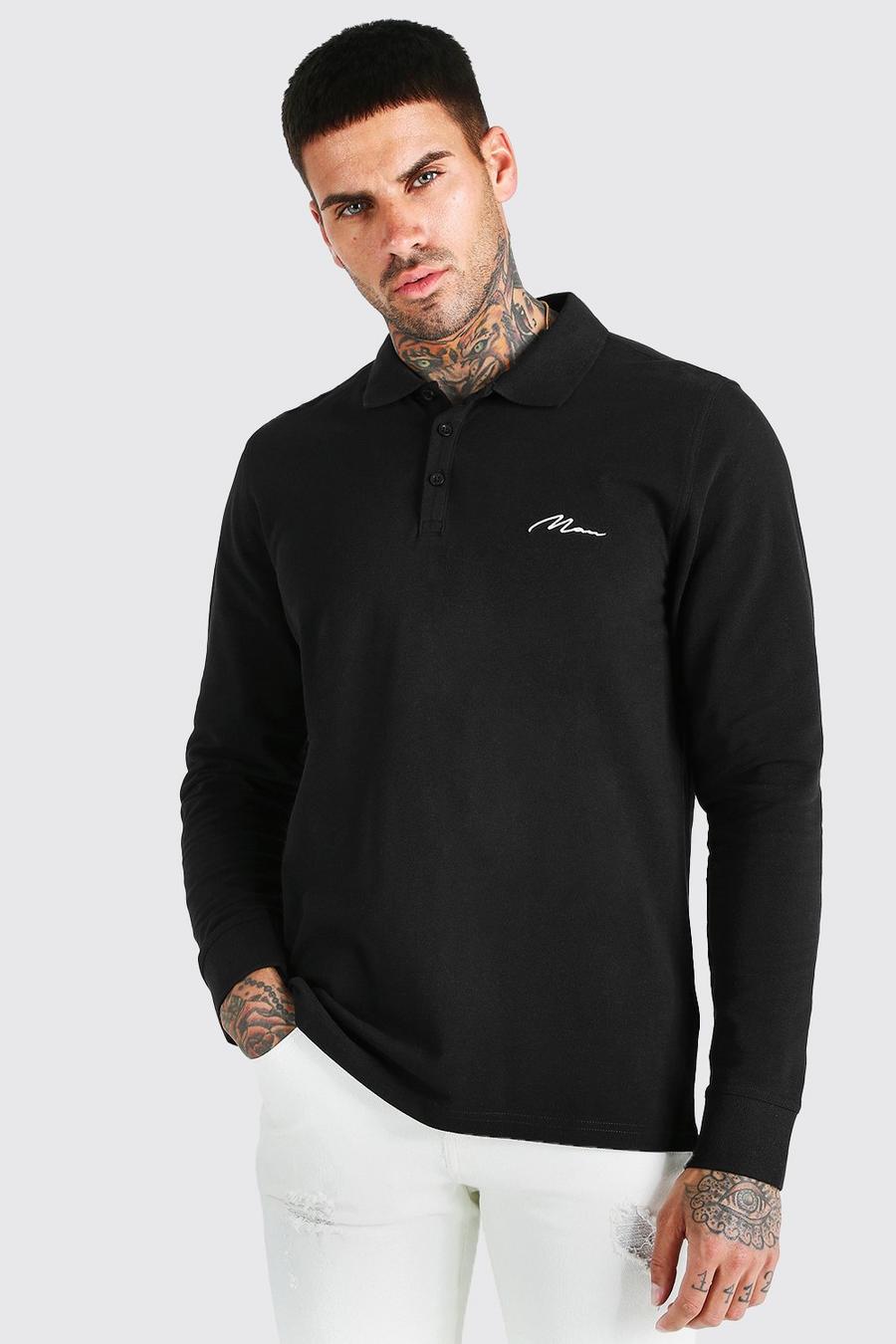 Black MAN Signature Long Sleeve Pique Polo image number 1