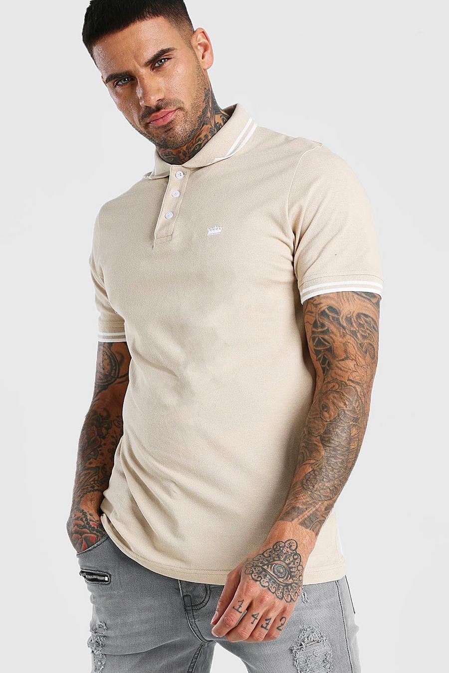 Taupe beige Crown Embroidered Tipped Pique Polo