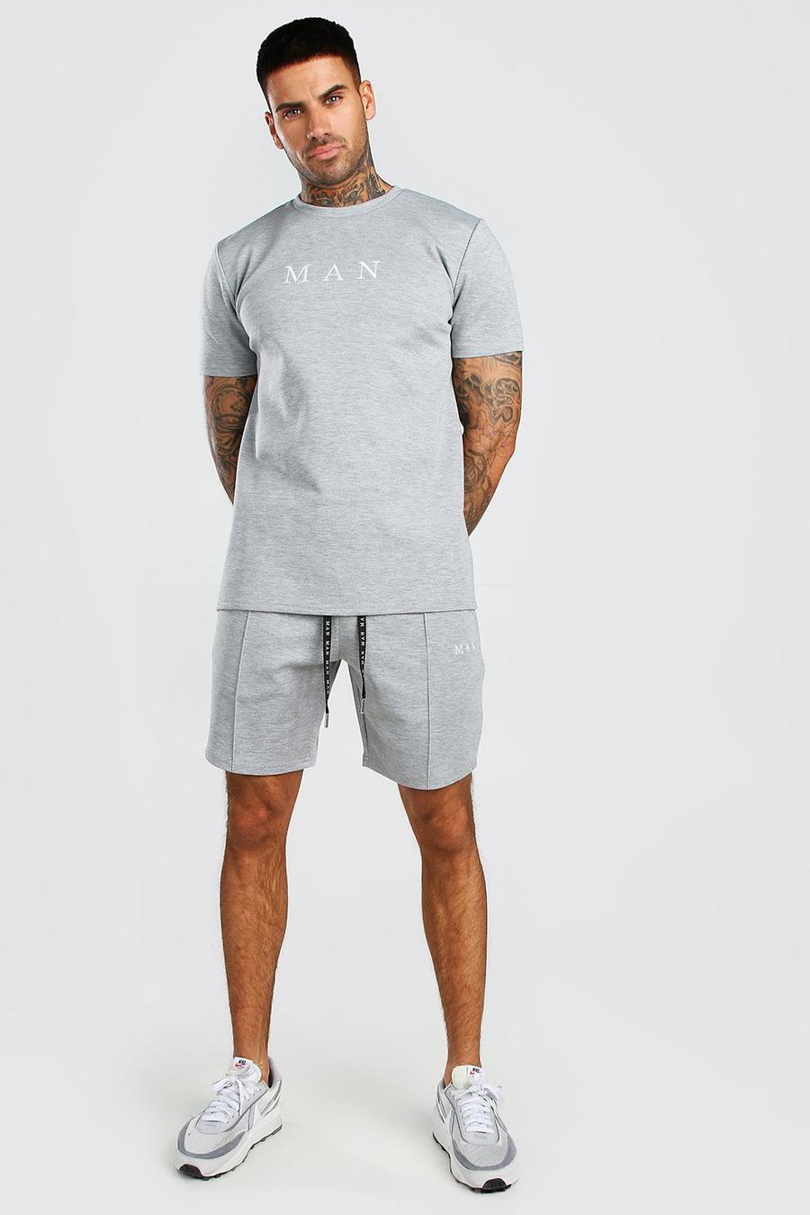 Set T-shirt Man in tessuto scuba & pantaloncini con nervature, Grigio image number 1