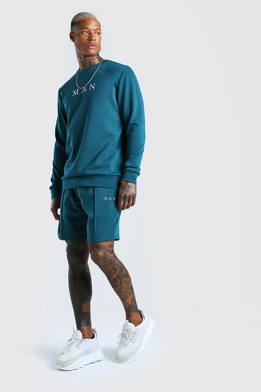 Blauwgroen Man Scuba Trui & Shorts Set Met Biezen image number 1