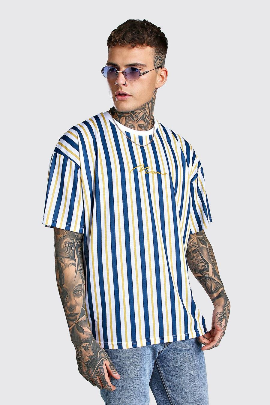 White Oversized MAN Signature Vertical Stripe T-Shirt image number 1