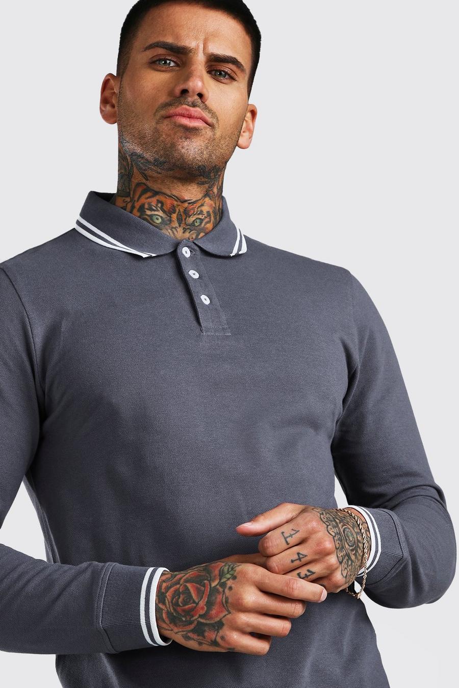 Charcoal grå Long Sleeve Tipped Pique Polo image number 1