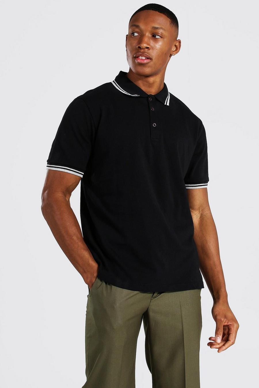 Piqué-Poloshirt mit schmalen Saumborten, Schwarz image number 1