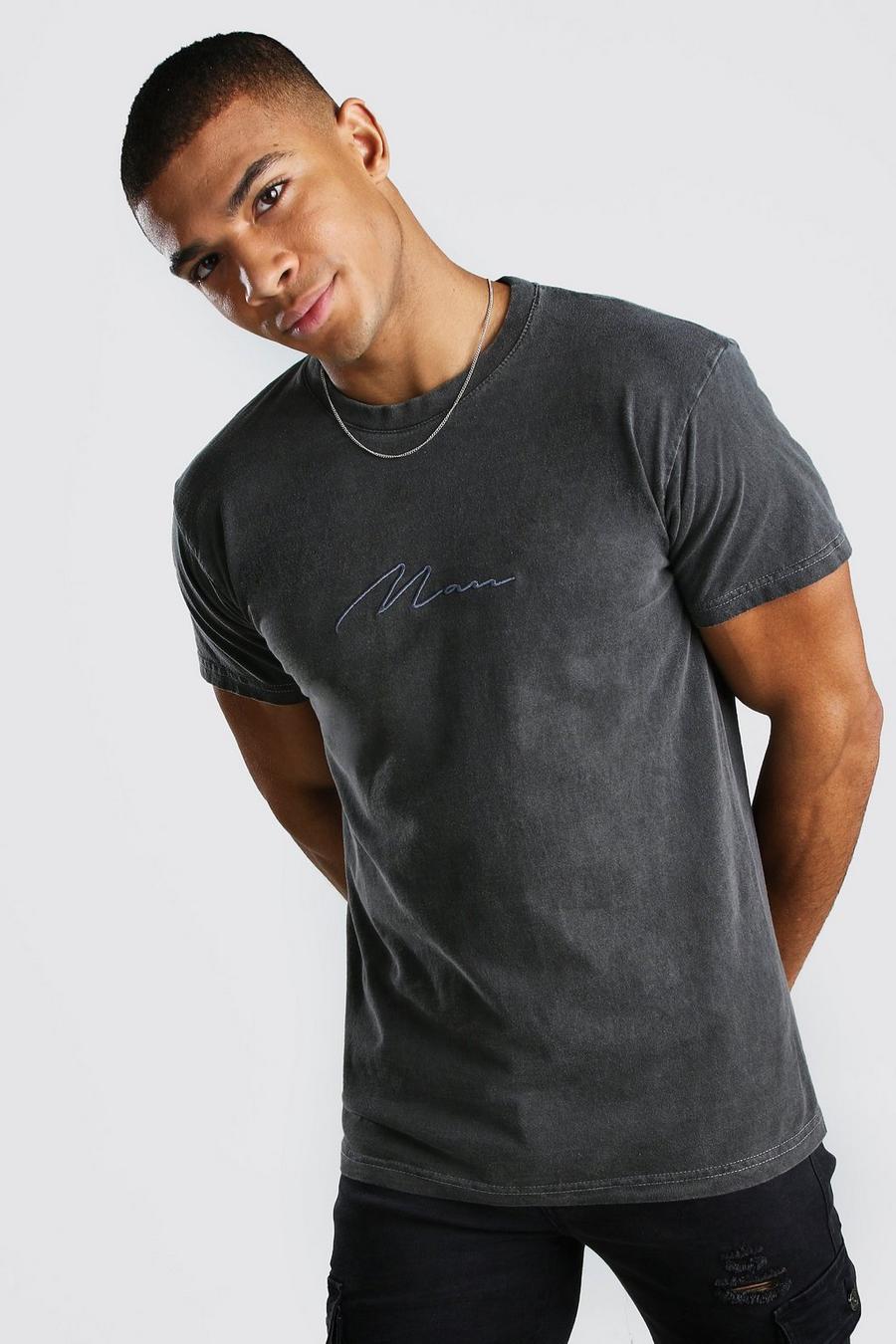 Charcoal grey Man Signature T-shirt med tvättad effekt image number 1