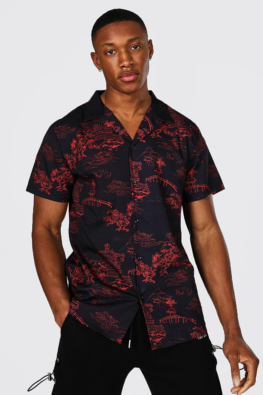Black Kortärmad skjorta med orientaliskt mönster och bowlingkrage image number 1