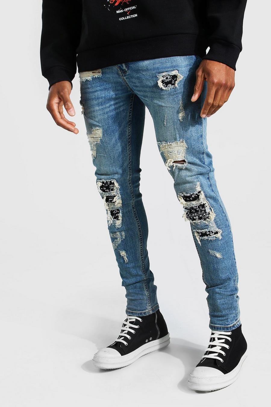 כחול סופר סקיני ג'ינס אופנוענים עם קרעים וטלאים ובנדנה image number 1