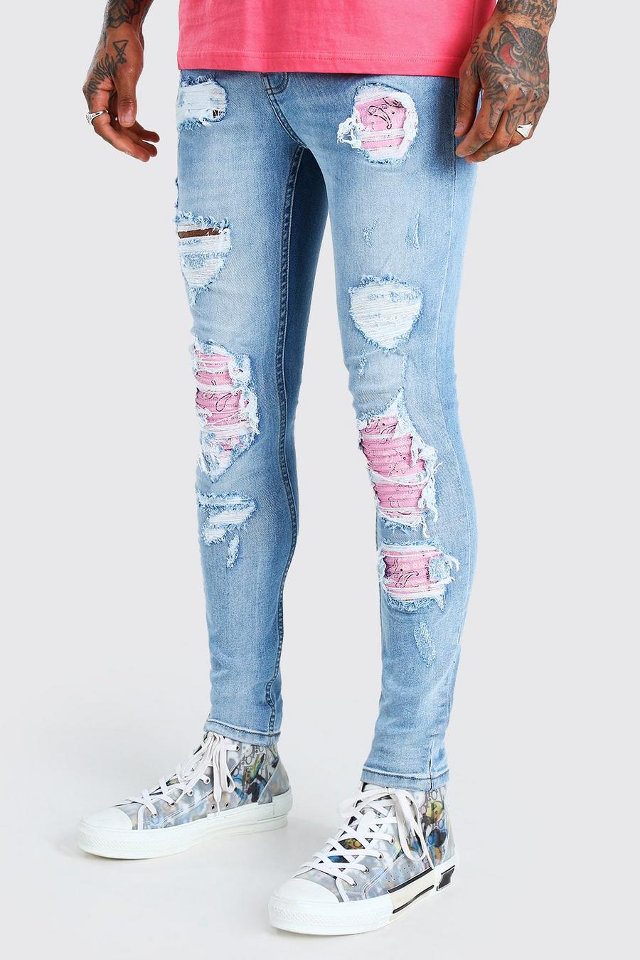 Super Skinny Biker Jeans mit Bandana-Print und Rip-Repair-Detail, Eisblau image number 1