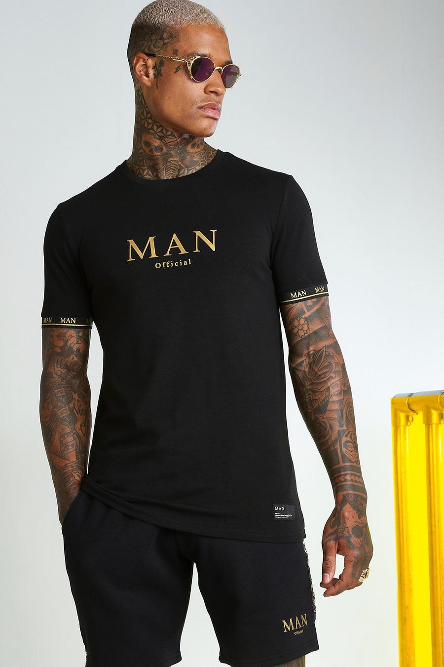 Zwart Man Gouden T-Shirt Met Gestreepte Zoom image number 1