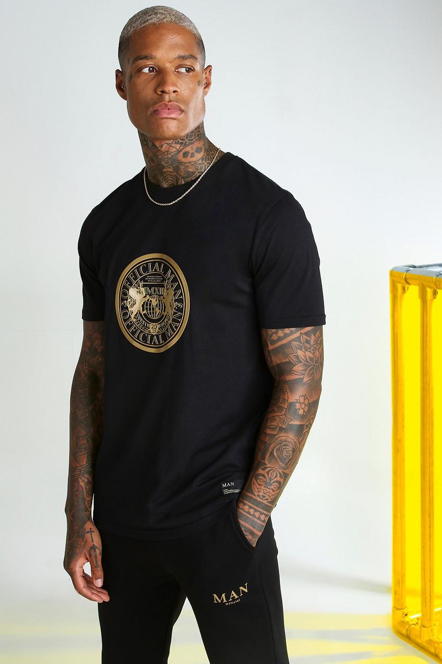 Black MAN Gold T-Shirt With Chest Print image number 1