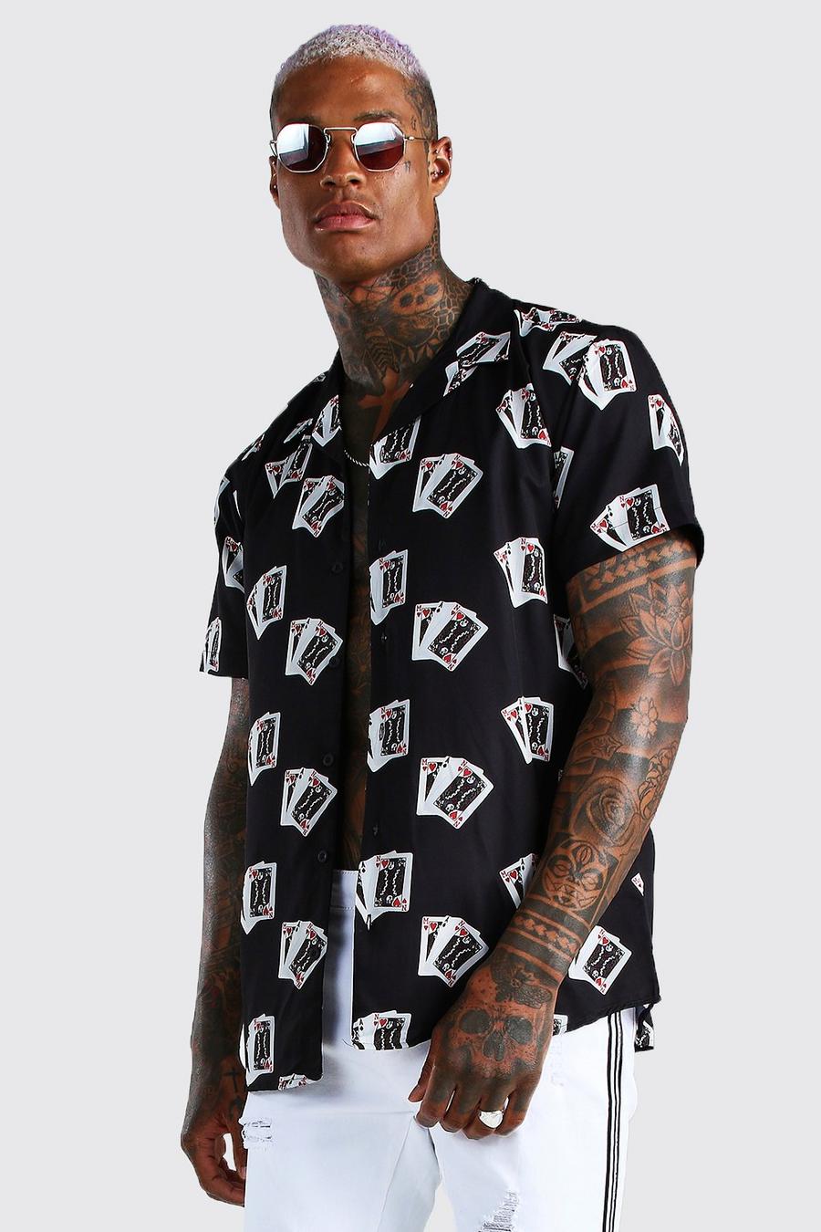 Kortärmad mönstrad skjorta med bowlingkrage image number 1