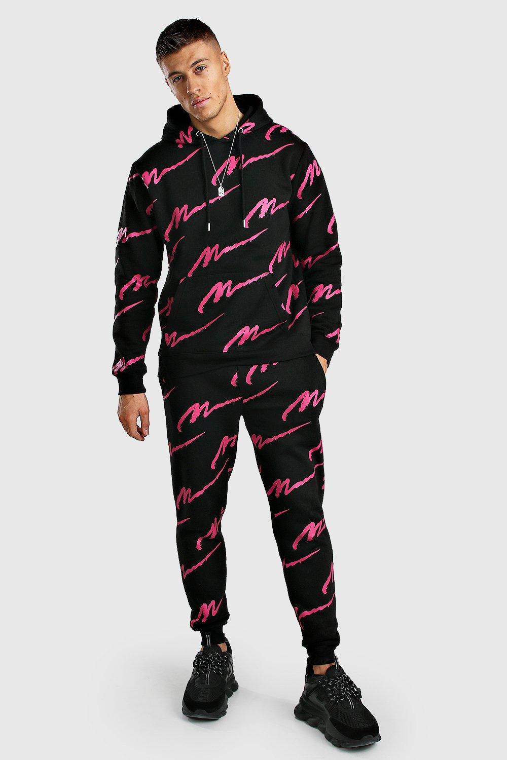 All over man printed hooded tracksuit black online