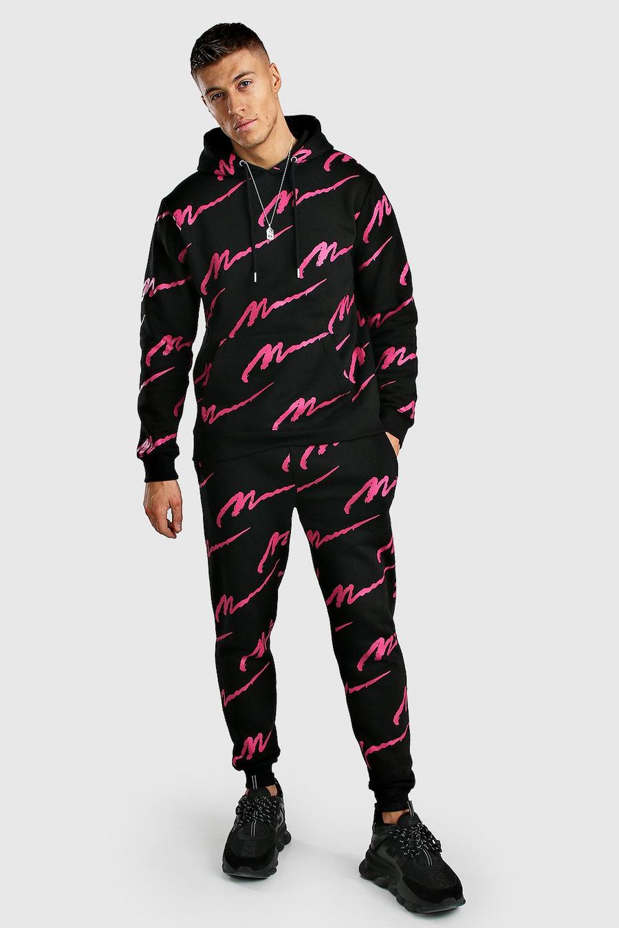 Tuta sportiva con cappuccio e stampa rosa MAN, Nero image number 1