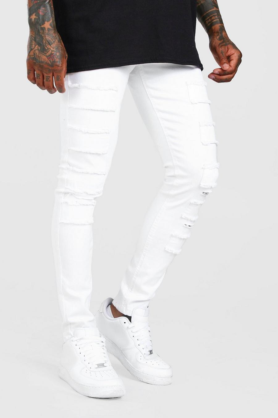 White Super skinny jeans med slitningar och lagade hål image number 1