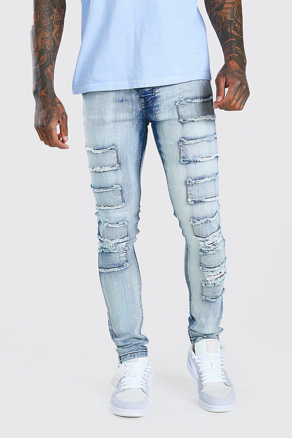 distressed patched jeans