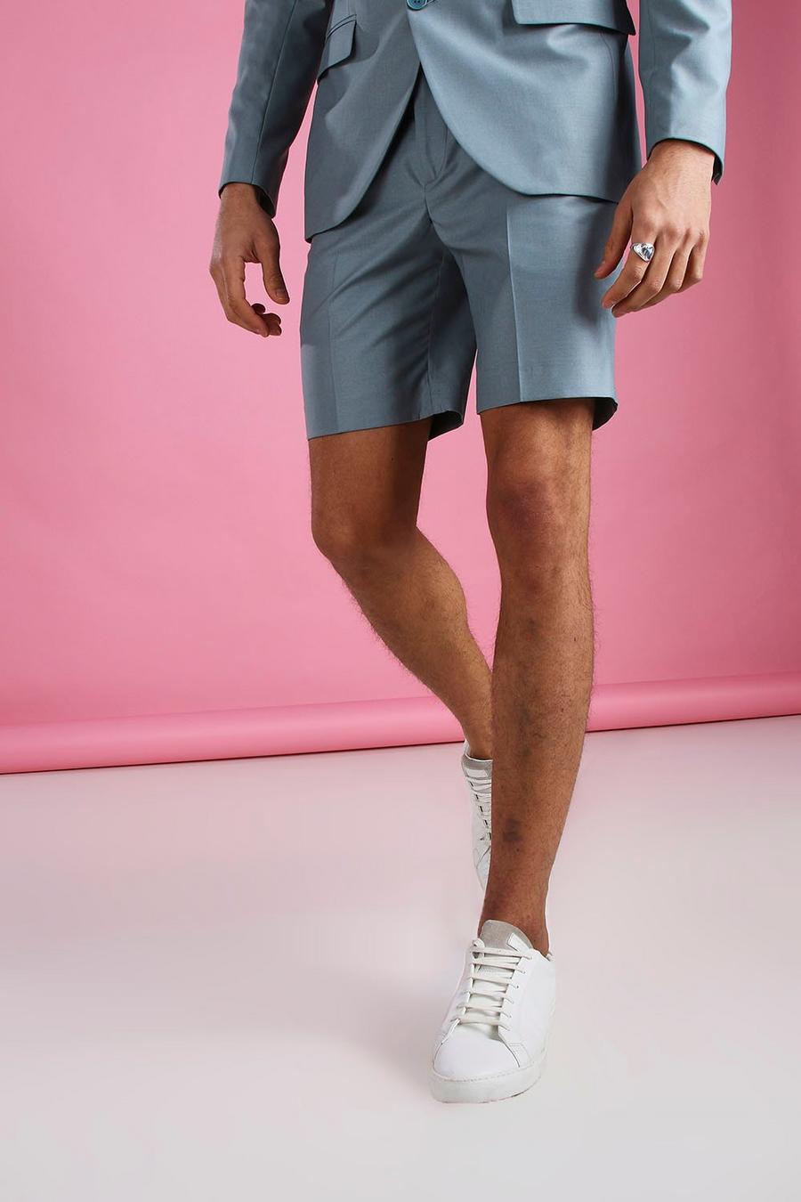 Blue Skinny Plain Tailored Suit Shorts image number 1