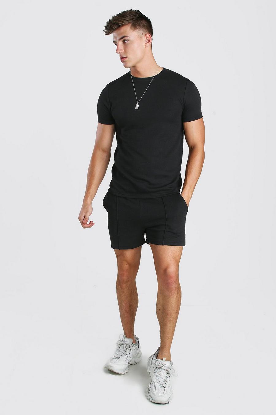 Conjunto de pantalones cortos de pinza y camiseta elegante texturizada, Negro image number 1
