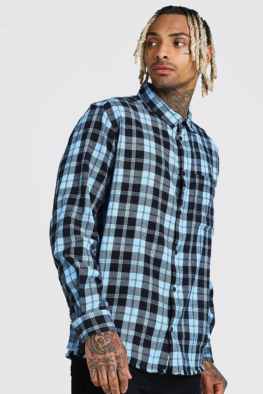 Blue Oversize rutig skjorta med lång ärm och tvättad effekt image number 1