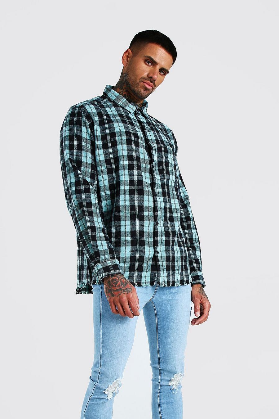 Aqua Långärmad oversize rutig skjorta med tvättad effekt image number 1
