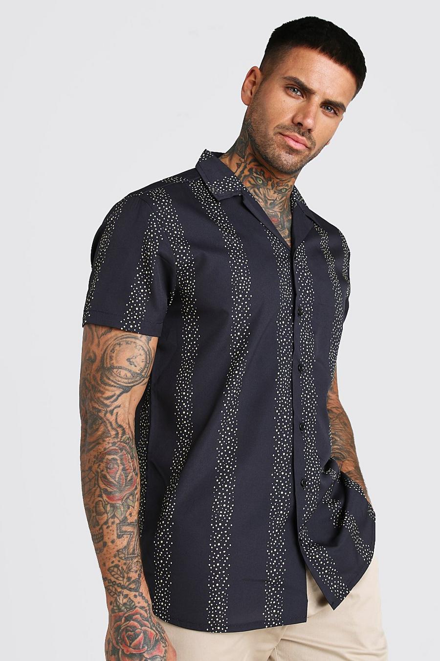 Chemise manches courtes à col tailleur et rayures, Noir image number 1