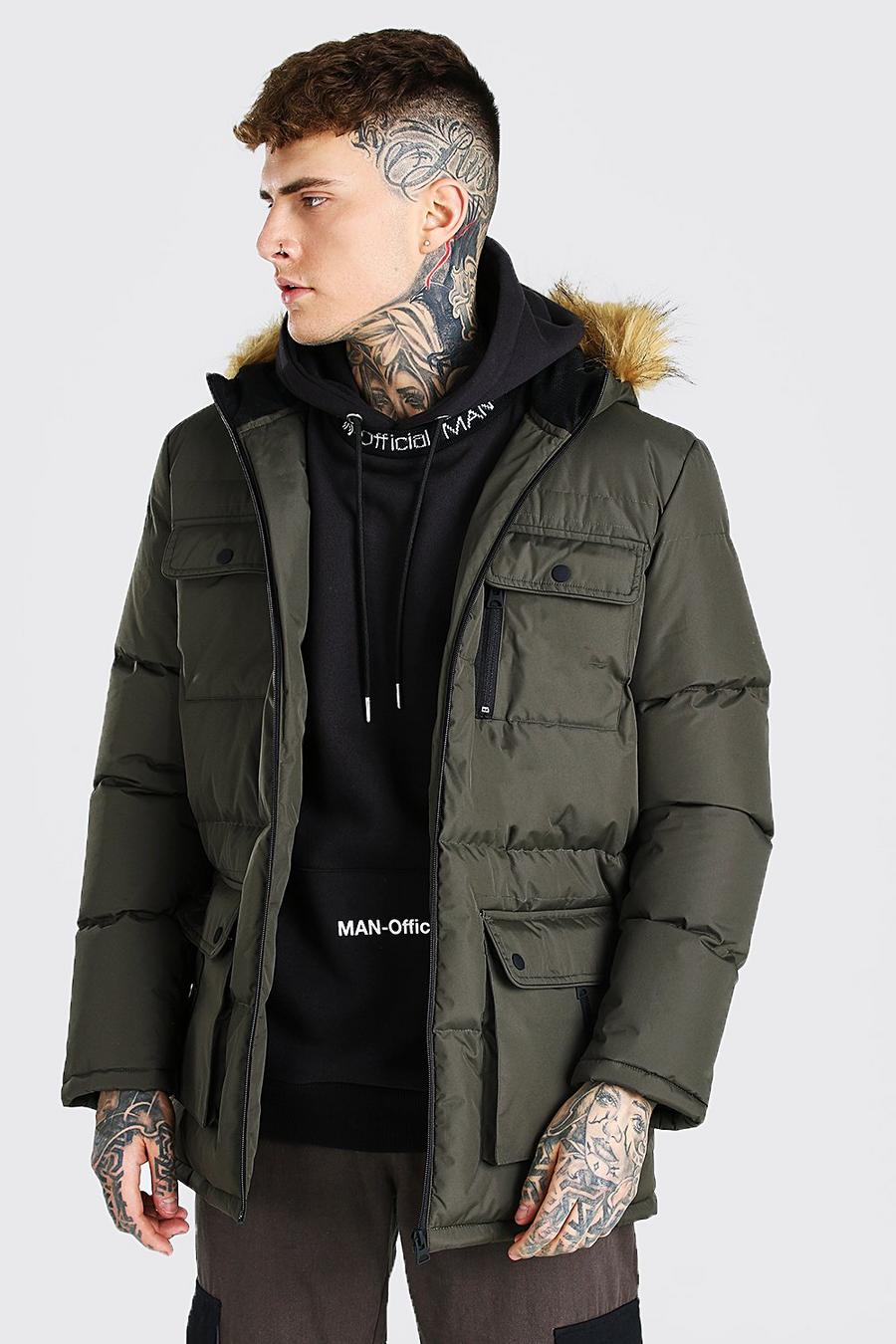 Khaki Multi Pocket Quilted Parka With Faux Fur Hood image number 1
