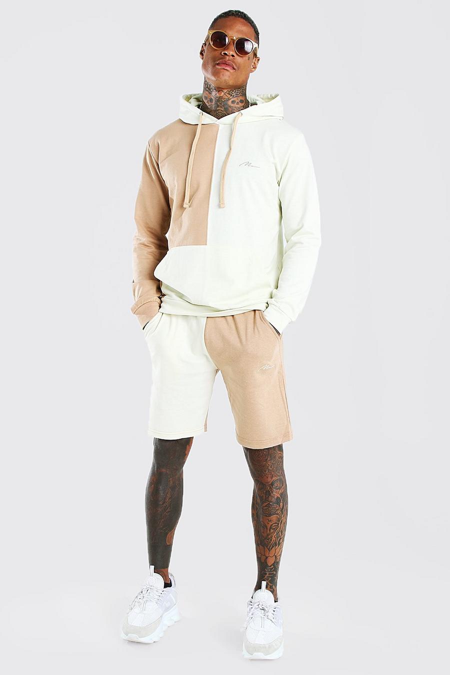 Chándal con pantalones cortos y sudadera con capucha de colores lisos, Marrón topo image number 1