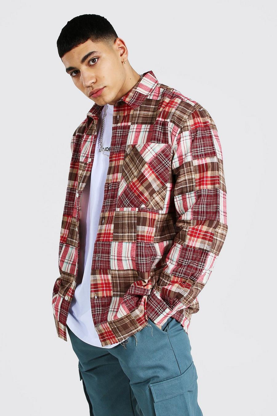 Red Oversized Patchwork Check Shirt image number 1