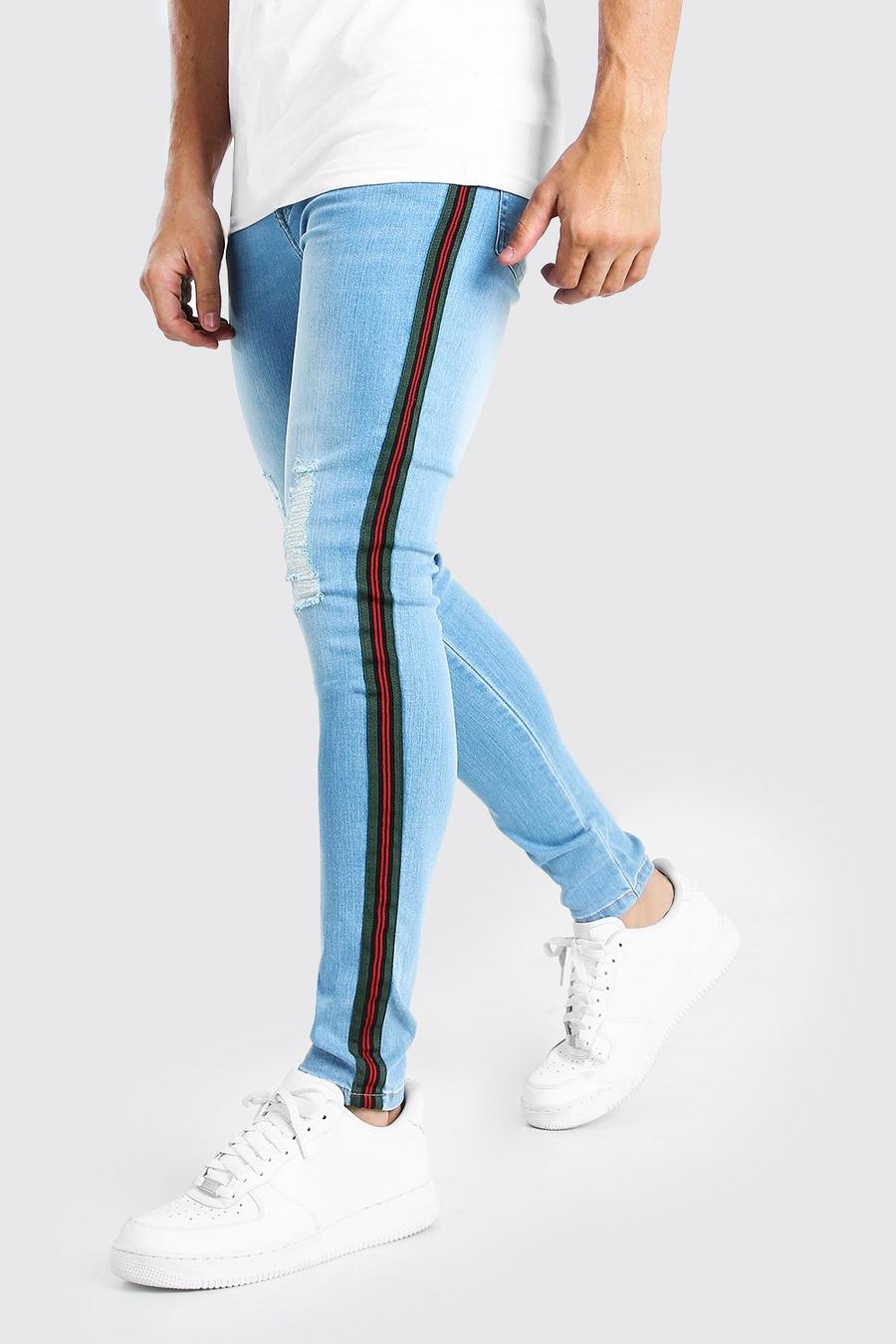 Blue Super Skinny Side Tape Jeans With Belt image number 1