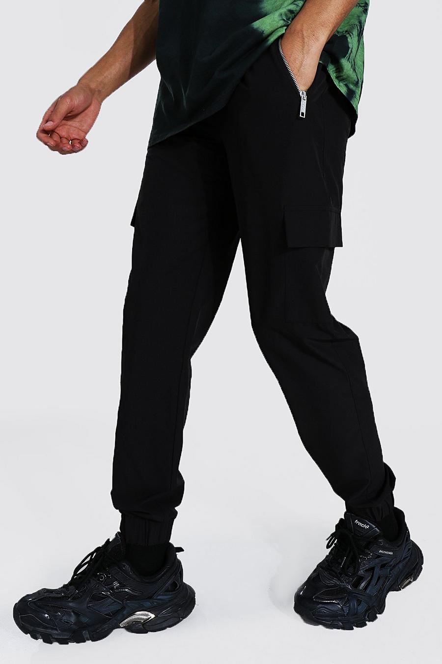 שחור מכנסי ריצה דגמ"ח מבד עמיד עם כיסים עם רוכסן לגברים גבוהים image number 1