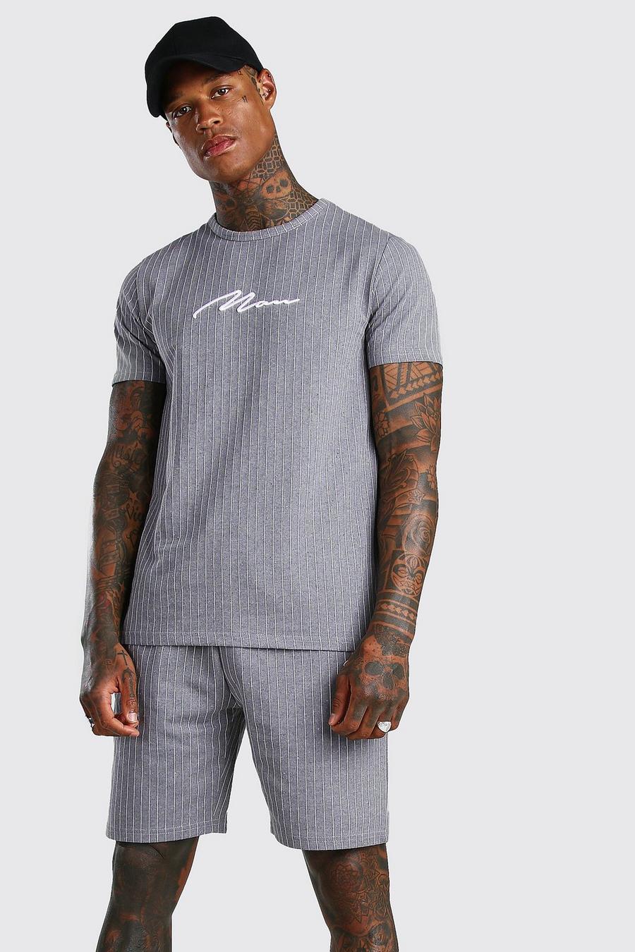 Grijs Man Signature Gestreept T-Shirt En Shorts Set image number 1
