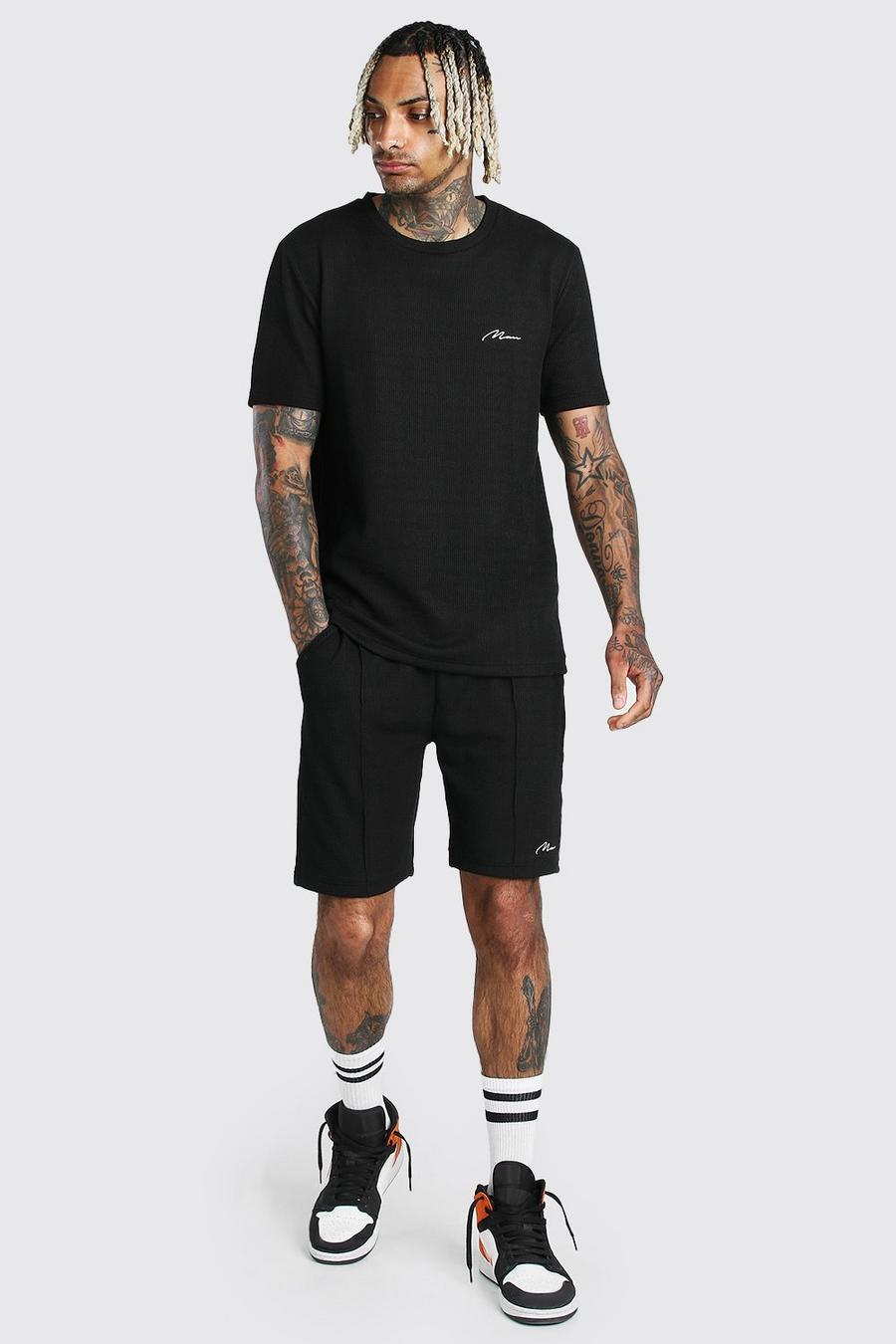 Black MAN Jacquardvävd t-shirt och shorts med pressveck image number 1