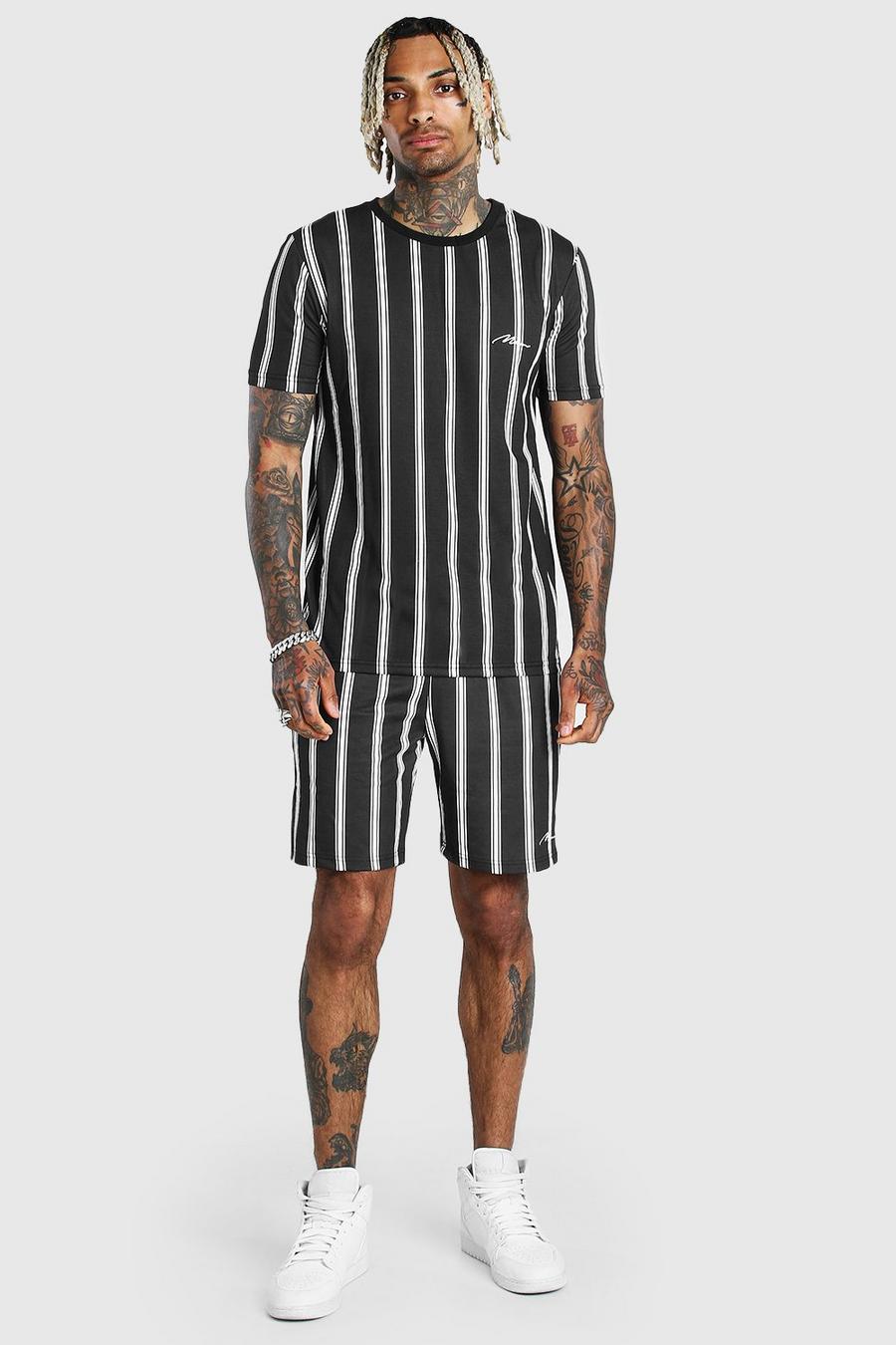 Black MAN Signature Stripe T-Shirt & Short Set image number 1