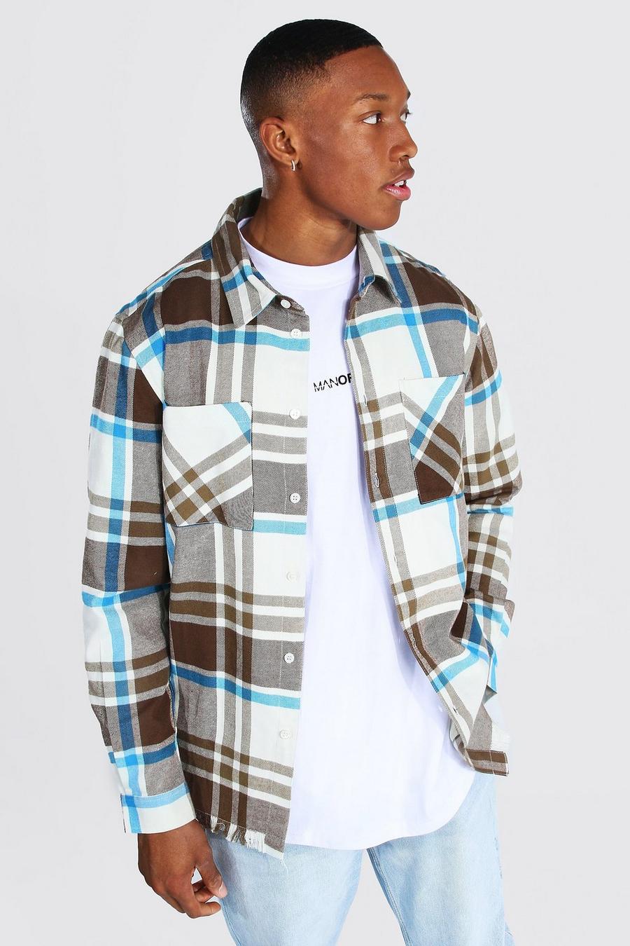 Brown Checked Shirt With Frayed Hem image number 1