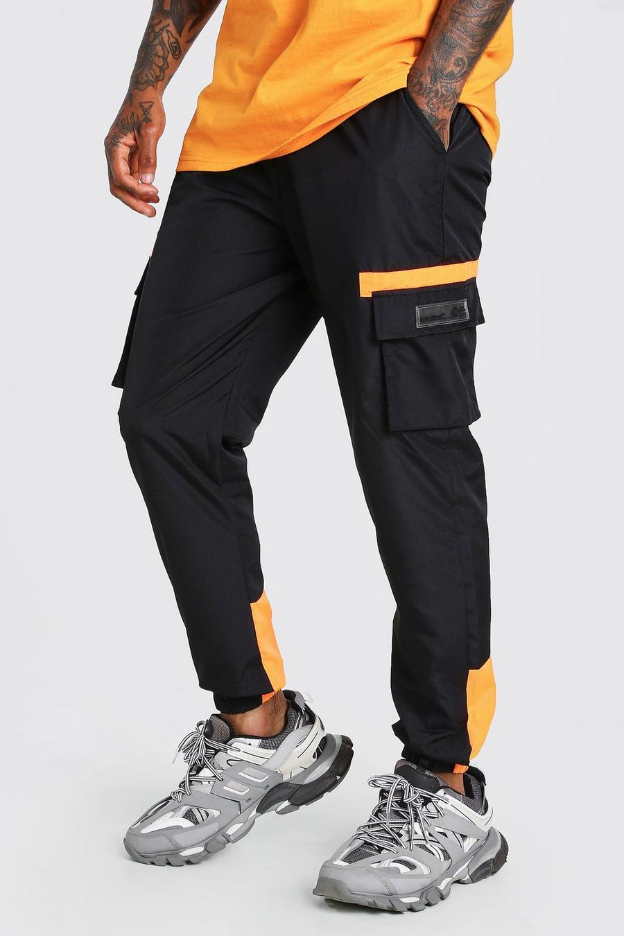 Black Shell Cargo Contrast Joggers With Rubber Badge image number 1