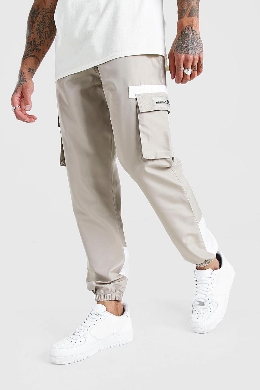 Stone Shell Cargo Contrast Joggers With Rubber Badge image number 1