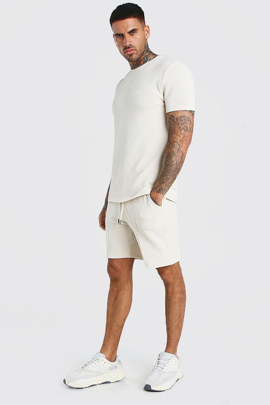 Steenrood Man Signature Jacquard T-Shirt En Shorts Met Biezen Set image number 1